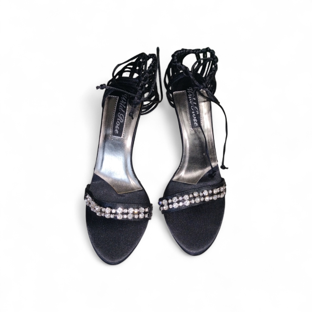 Wild Rose Black Heels with Rhinestone Embellishments